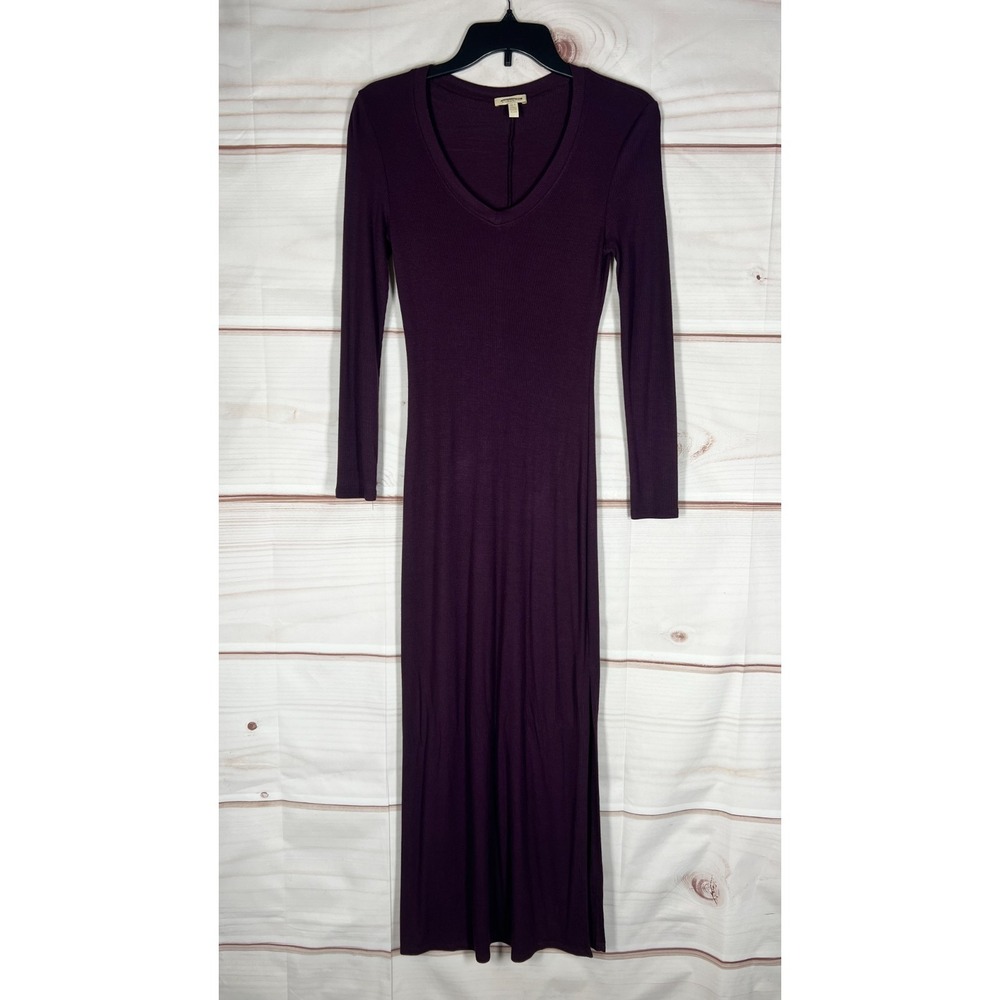 Bordeaux Dress Womens PXS Purple Ribbed Knit Maxi Bodycon Side Slit Long Sleeve